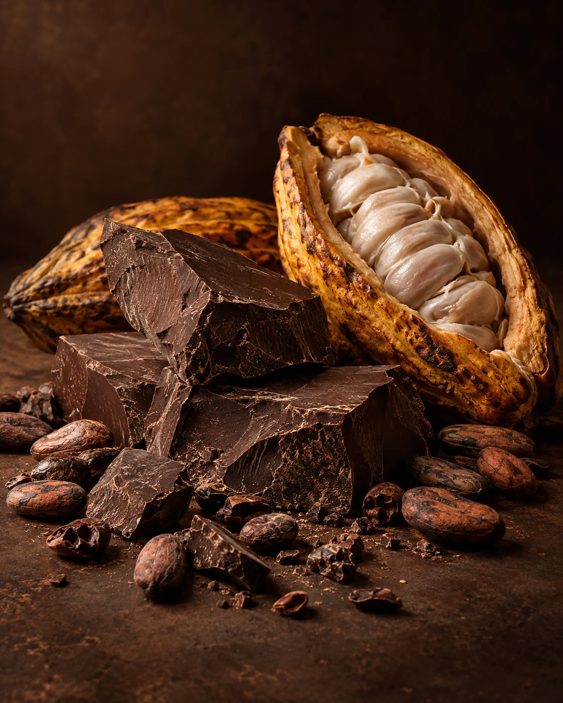 Dark chocolate pieces, cacao beans and an open cacao pod in warm light